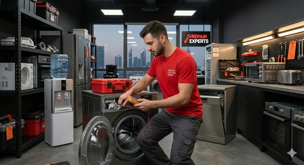 Home appliances repair Dubai — certified technician fixing washing machine